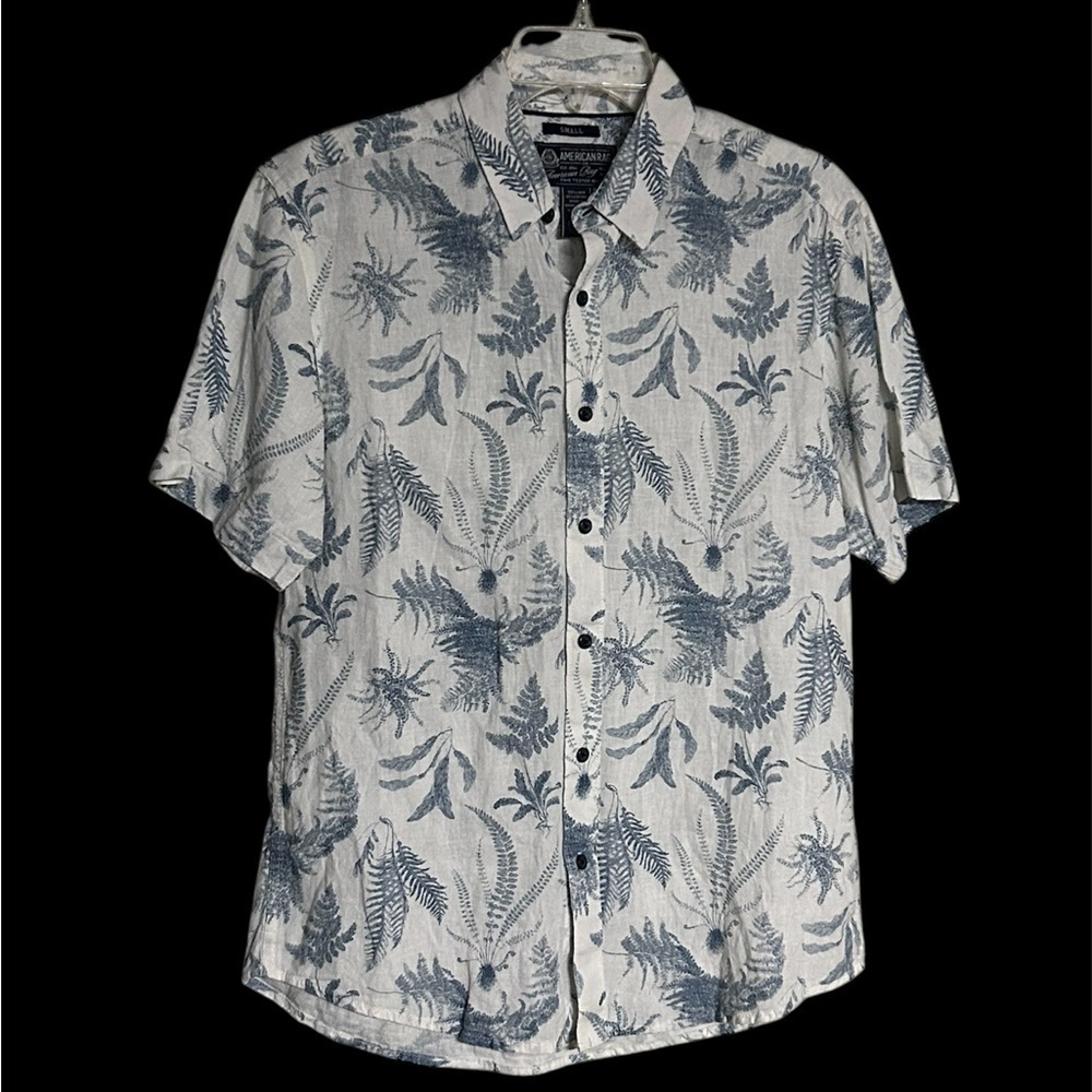 American Rag Cie Linen Blend Polo Tossed Ferns Men Size S Tropical Blue/White